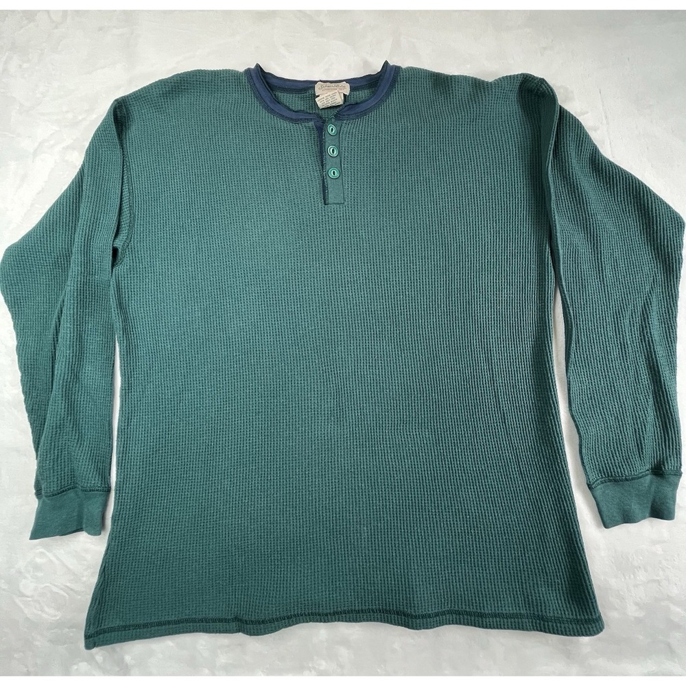 VTG St. John's Bay Mens L Henley Shirt‎ Thermal Green Y2K 90s